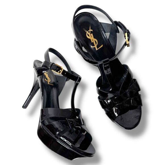 Saint Laurent Tribute Black Patent Leather Platform High Heel Sandals Size 37.5 - Picture 3 of 13